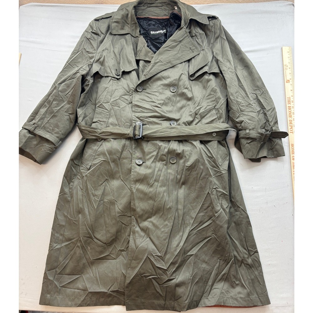 Vintage Stratojac Mens Olive Green Double Breasted Belted Trench Coat 46 Reg
